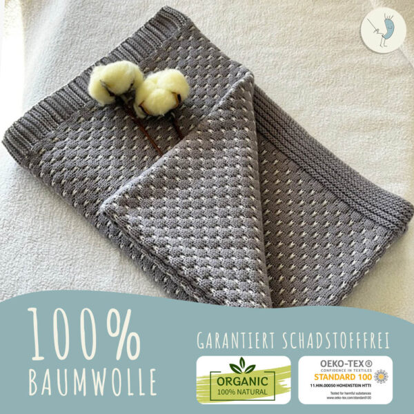 Babydecke aus 100% Baumwolle, grau gestrickt, 80x100 cm, Öko-Tex Standard 100, weiche Kuscheldecke in Geschenkverpackung, Schmusedecke für Junge & Mädchen, Erstausstattung Baby, Geschenk zur Geburt – Bild 7