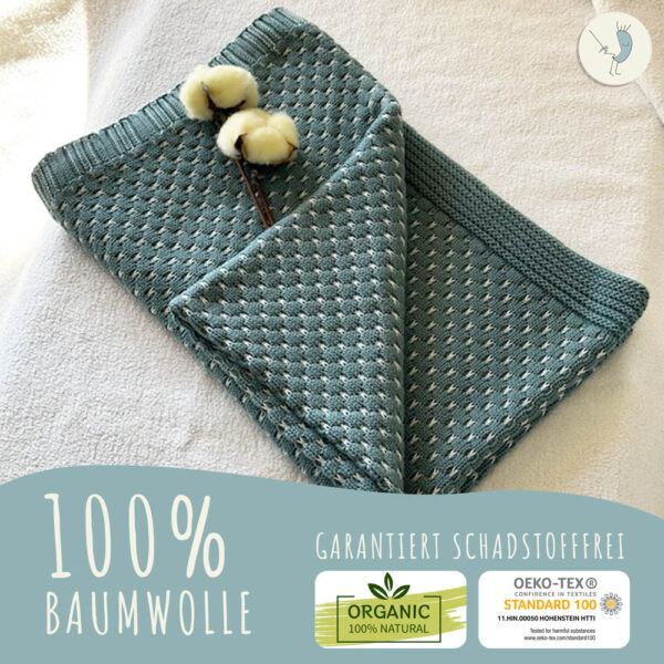 Babydecke aus 100% Baumwolle, grün gestrickt, 80x100 cm, Öko-Tex Standard 100, weiche Kuscheldecke in Geschenkverpackung, Schmusedecke für Junge & Mädchen, Erstausstattung Baby, Geschenk zur Geburt – Bild 7